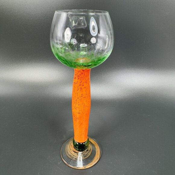 Vintage Bohemia Art Glass Cup Goblet Stem BarWare Multicolor Orange Green Stem - Picture 9 of 10
